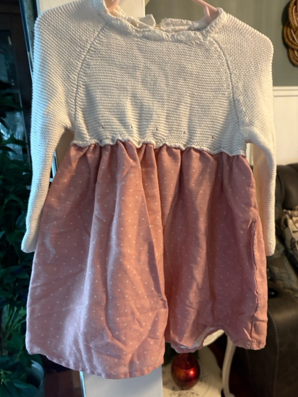 Cream Knit Top with Dusty Pink Polka Dot Skirt Dress